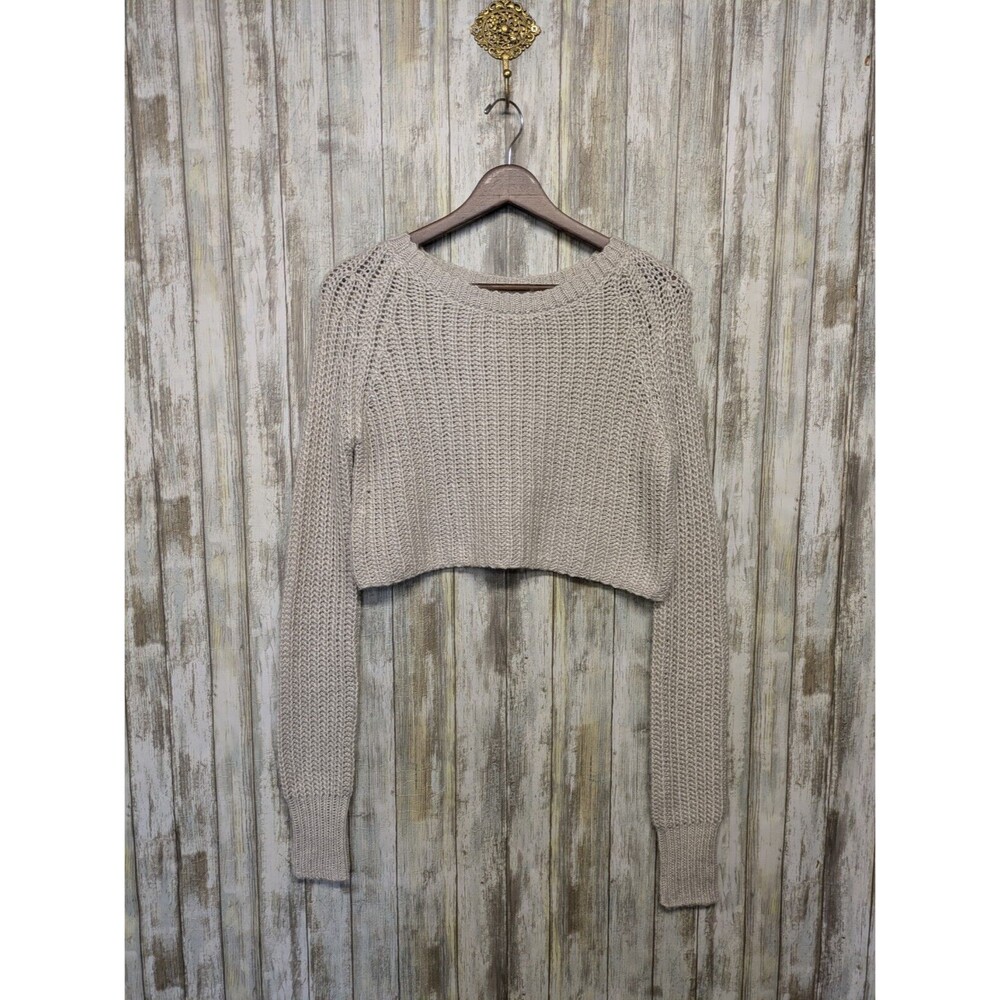 KIMCHI BLUE Wool Blend Crop Sweater Cream Chunky Knit Extra Long Sleeves Small - Picture 1 of 9